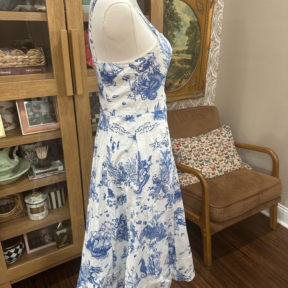 Avec Les Filles Blue Toile Coastal Print Fit & Flare Dress Size 6 Cottagecore - Picture 3 of 8